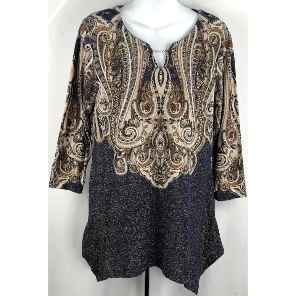 Jm Tunic Top M Blue/Gold Glitter Geo Chain Accent Keyhole Hi Lo Boho Grunge